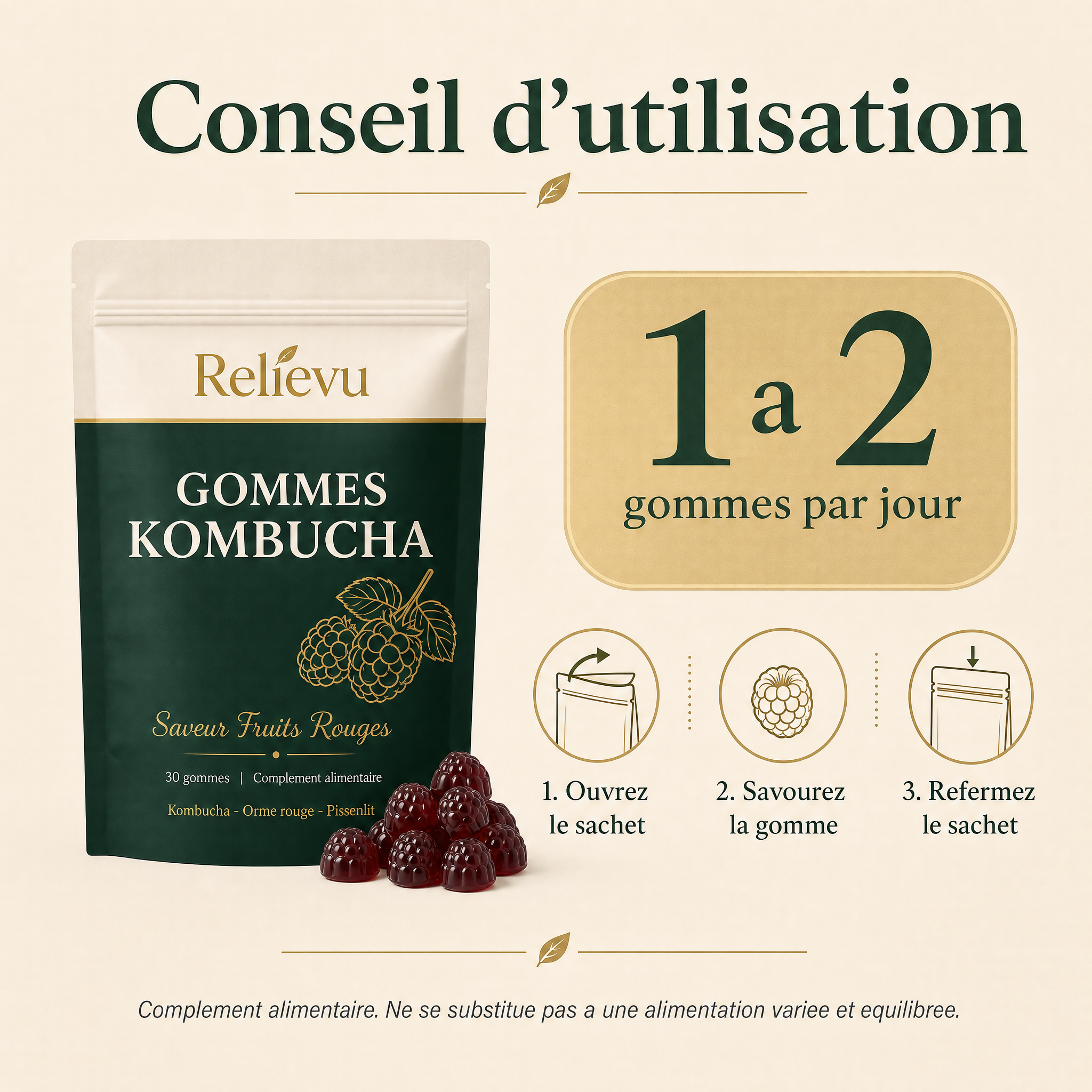 Conseil d'utilisation des Gommes au Kombucha Relievu, 1 à 2 gommes par jour
