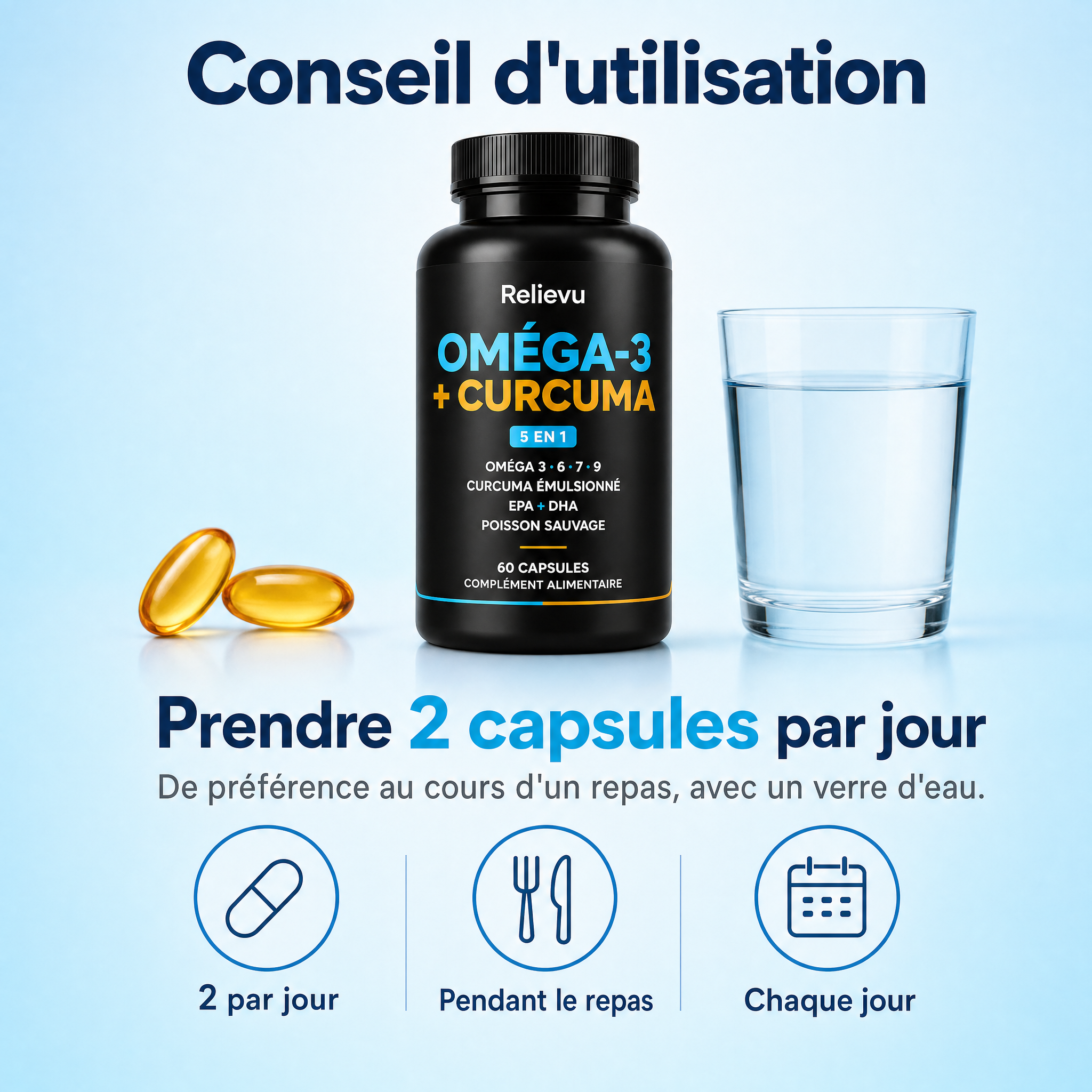 Conseil d'utilisation : prendre 2 capsules par jour au cours d'un repas