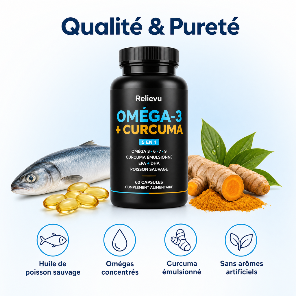 Qualité et pureté : huile de poisson sauvage, omégas concentrés, curcuma émulsionné, sans arômes artificiels