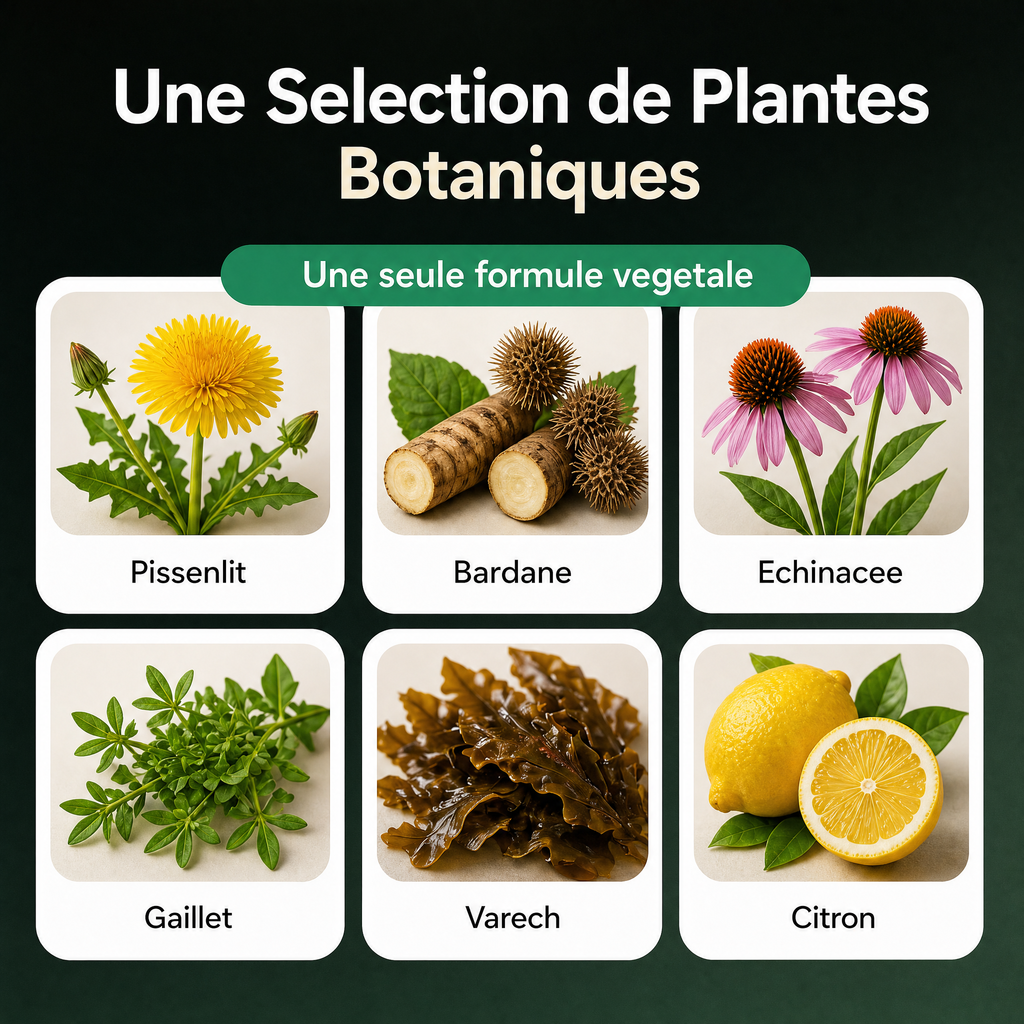 Une sélection de plantes botaniques : pissenlit, bardane, échinacée, gaillet, varech et citron