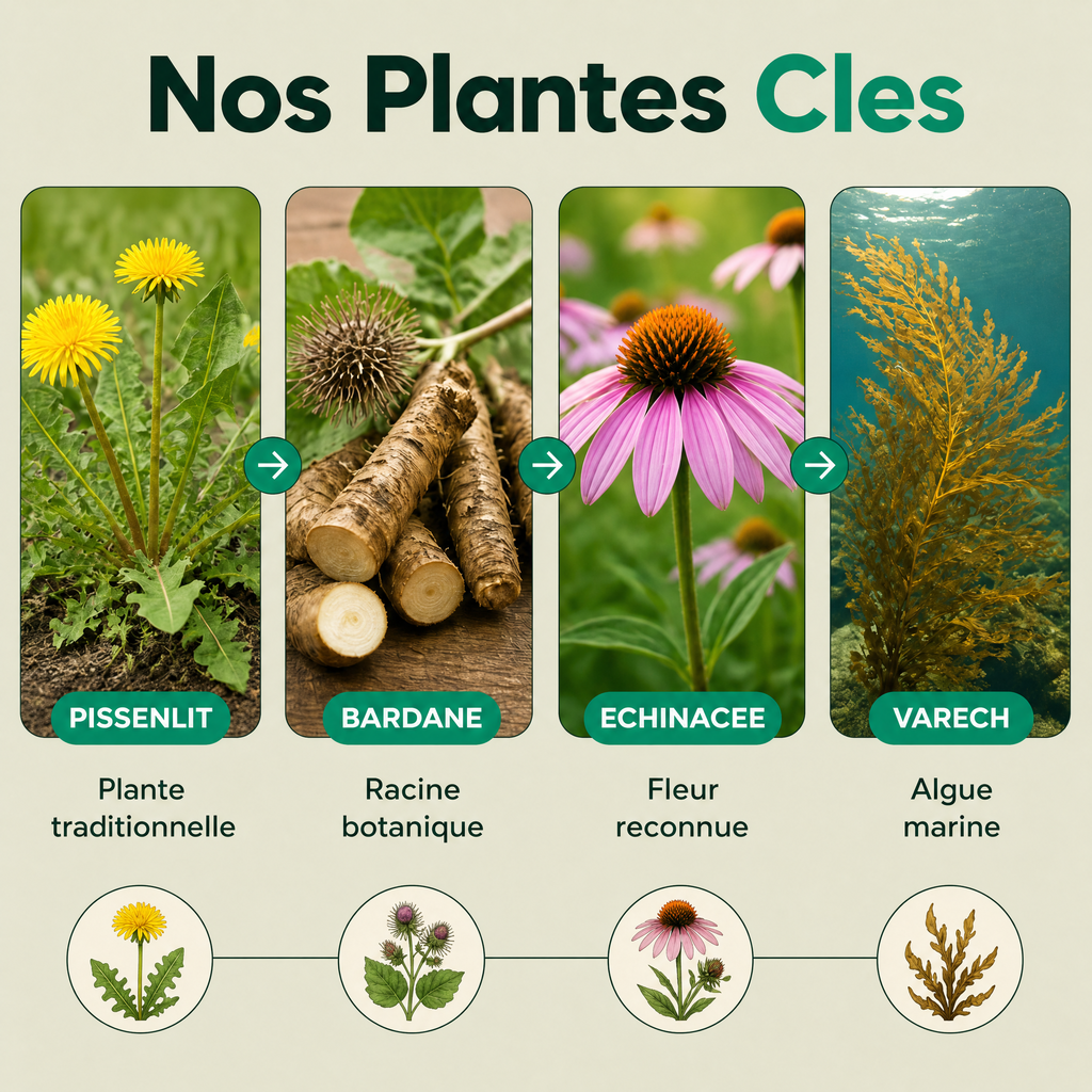 Nos plantes clés : pissenlit, bardane, échinacée et varech