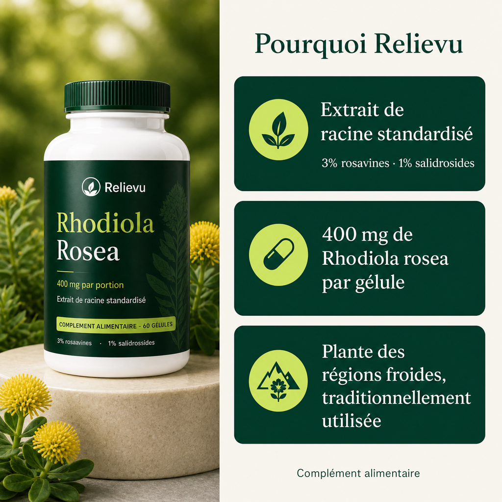 Rhodiola Rosea Relievu : extrait de racine standardisé, 400 mg par gélule, plante traditionnellement utilisée