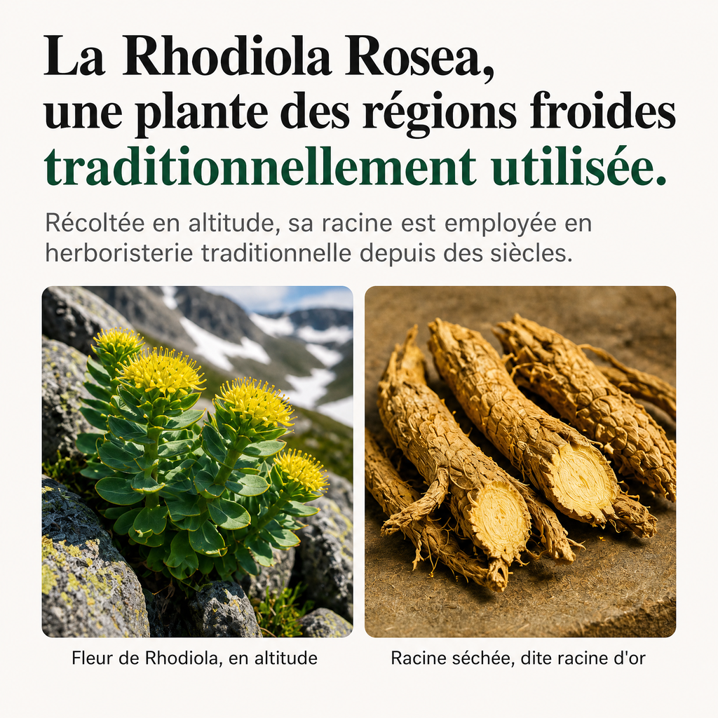 La Rhodiola rosea, plante des régions froides traditionnellement utilisée : fleur en altitude et racine séchée