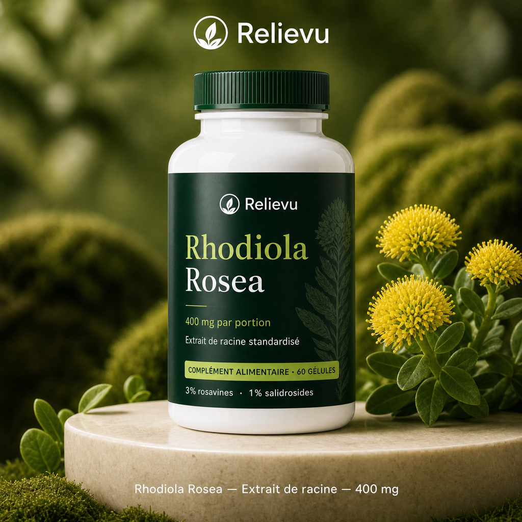 Flacon Relievu Rhodiola Rosea, 400 mg par portion, 60 gélules, complément alimentaire