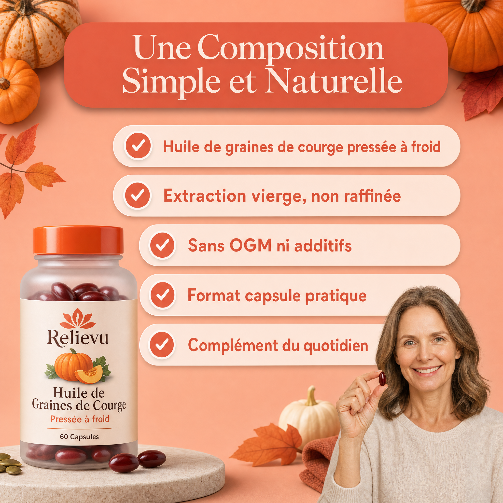 Une composition simple et naturelle : huile de graines de courge pressée à froid en capsules