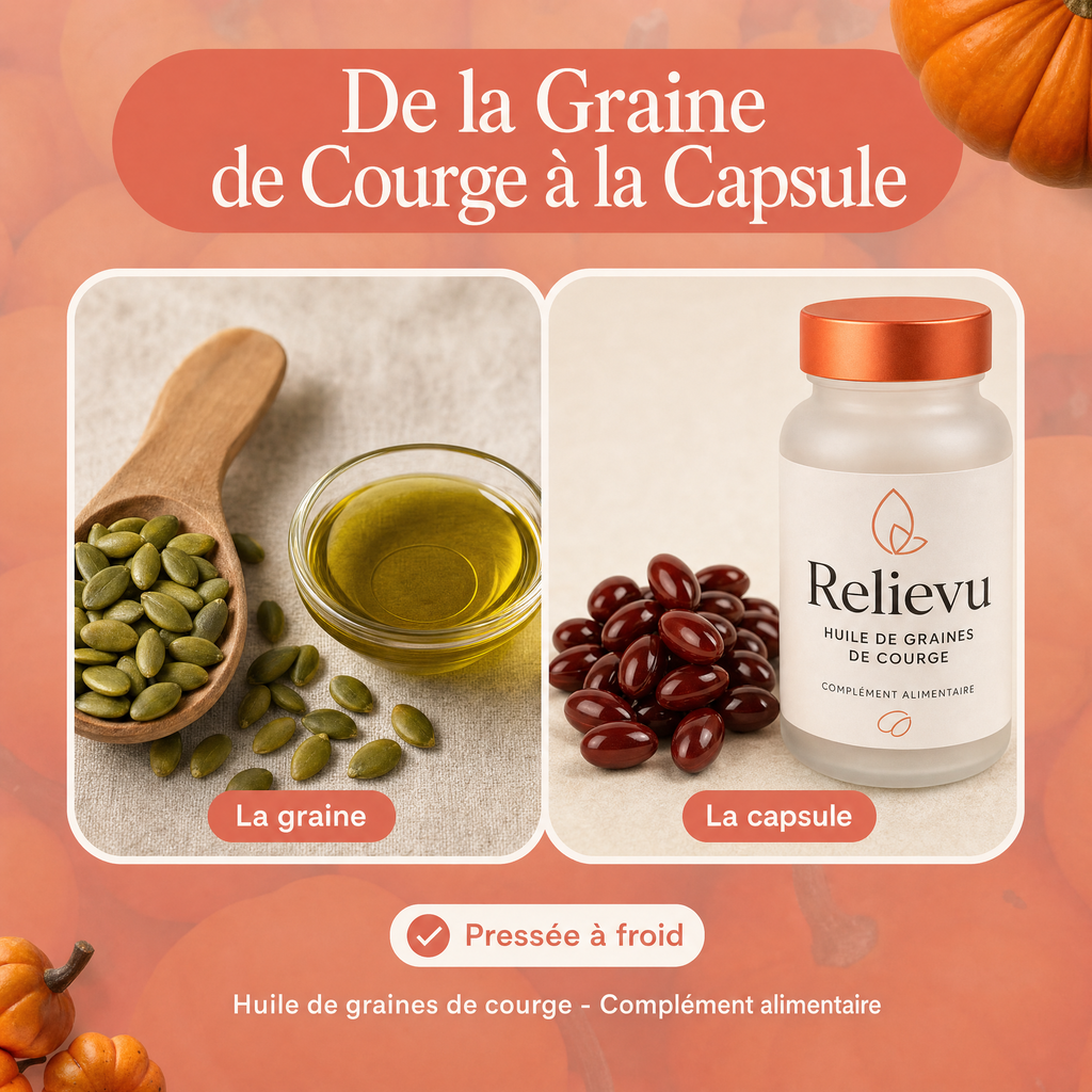 De la graine de courge à la capsule : huile pressée à froid, complément alimentaire Relievu