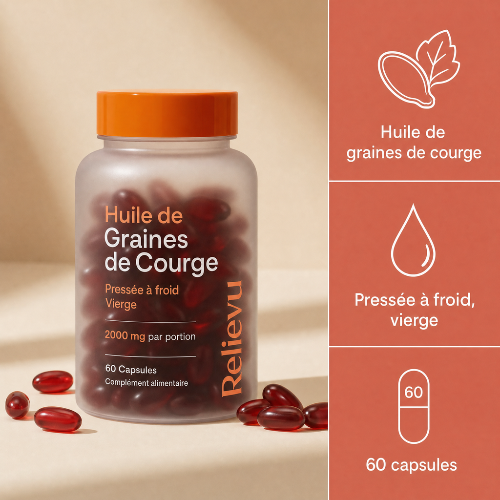 Flacon d'Huile de Graines de Courge Relievu, pressée à froid, vierge, 60 capsules