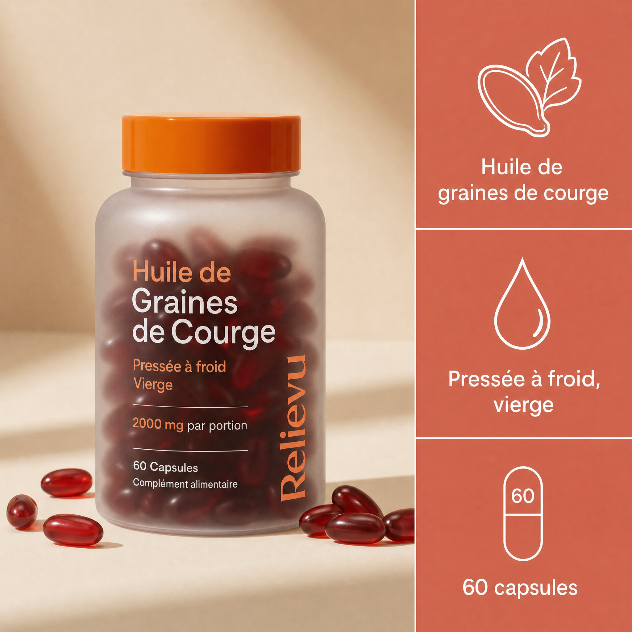 Flacon d'Huile de Graines de Courge Relievu, pressée à froid, vierge, 60 capsules