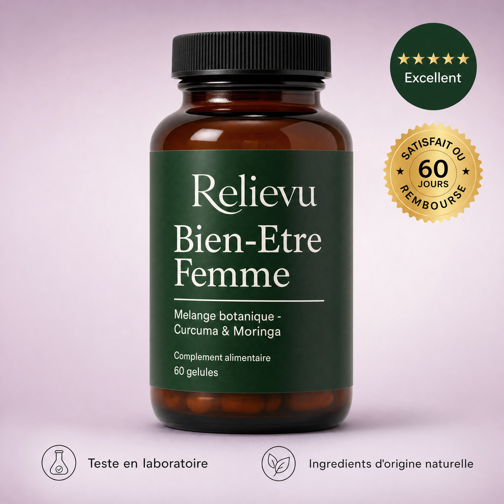 Flacon Relievu Bien-Être Femme, complément alimentaire au curcuma et moringa, 60 gélules