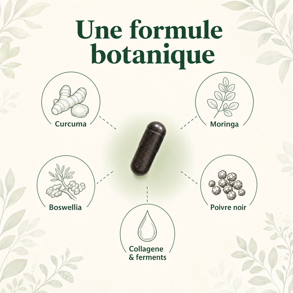 Une formule botanique : curcuma, moringa, boswellia, poivre noir, collagène et ferments