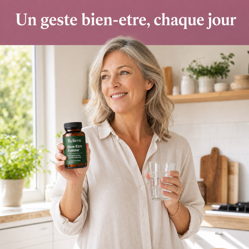 Un geste bien-être chaque jour : femme tenant le flacon Relievu Bien-Être Femme