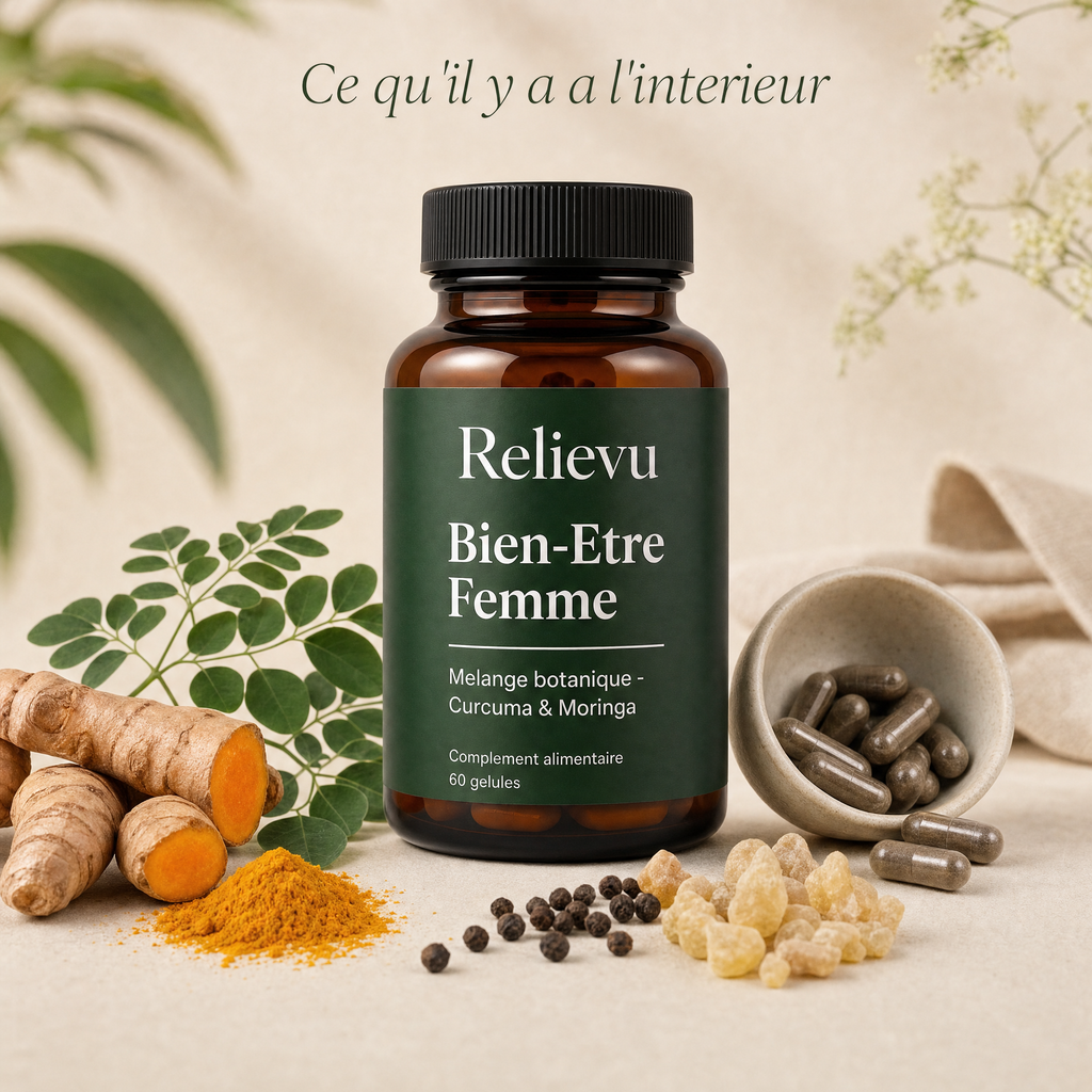Ce qu'il y a à l'intérieur : curcuma, moringa, boswellia et poivre noir autour du flacon Relievu