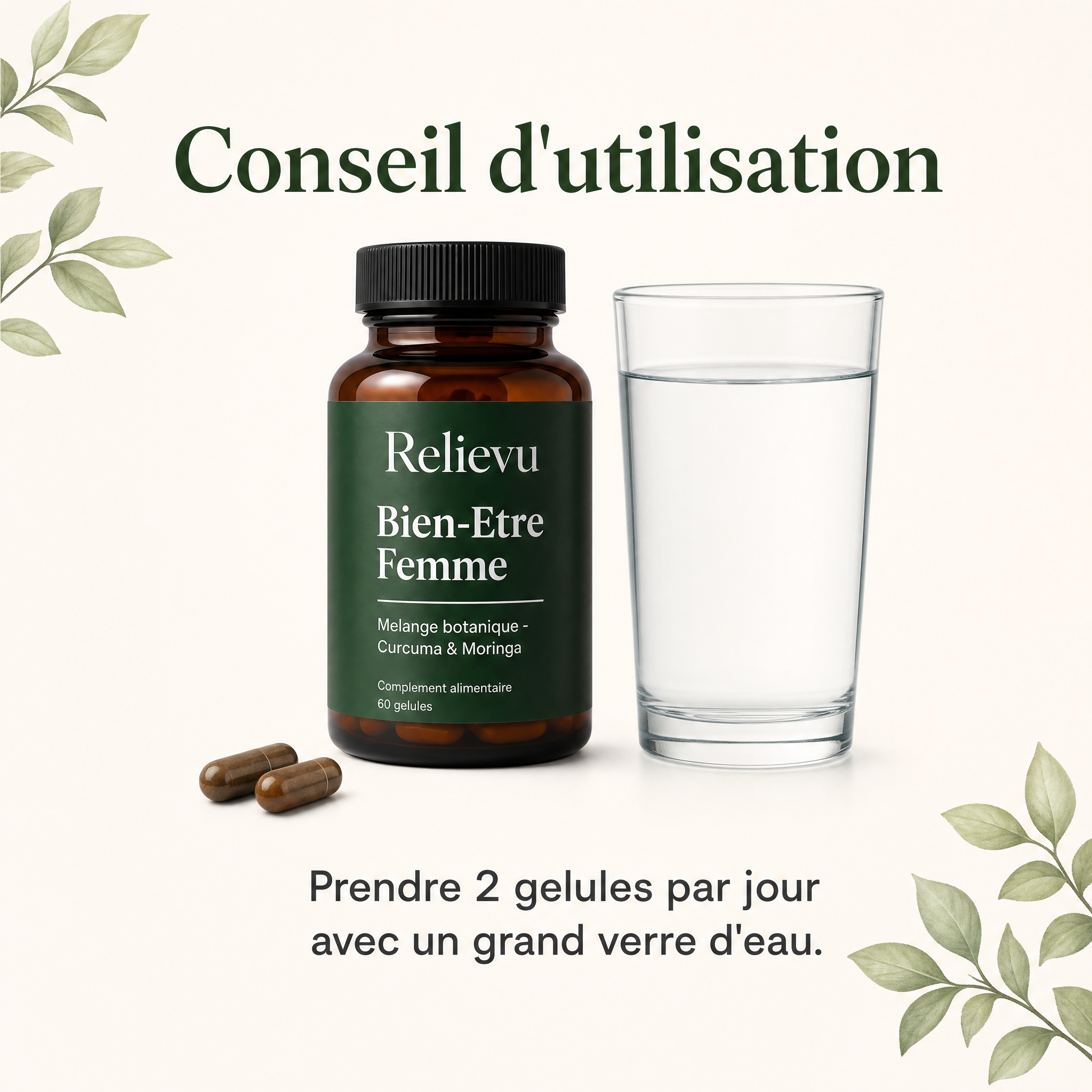 Conseil d'utilisation : prendre 2 gélules par jour avec un grand verre d'eau