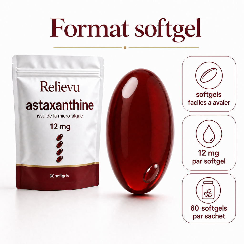 Format softgel Astaxanthine Relievu - 12 mg par softgel, 60 softgels par sachet