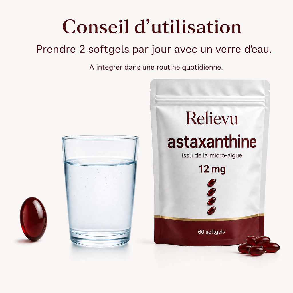 Conseil d'utilisation Astaxanthine Relievu - 2 softgels par jour avec un verre d'eau