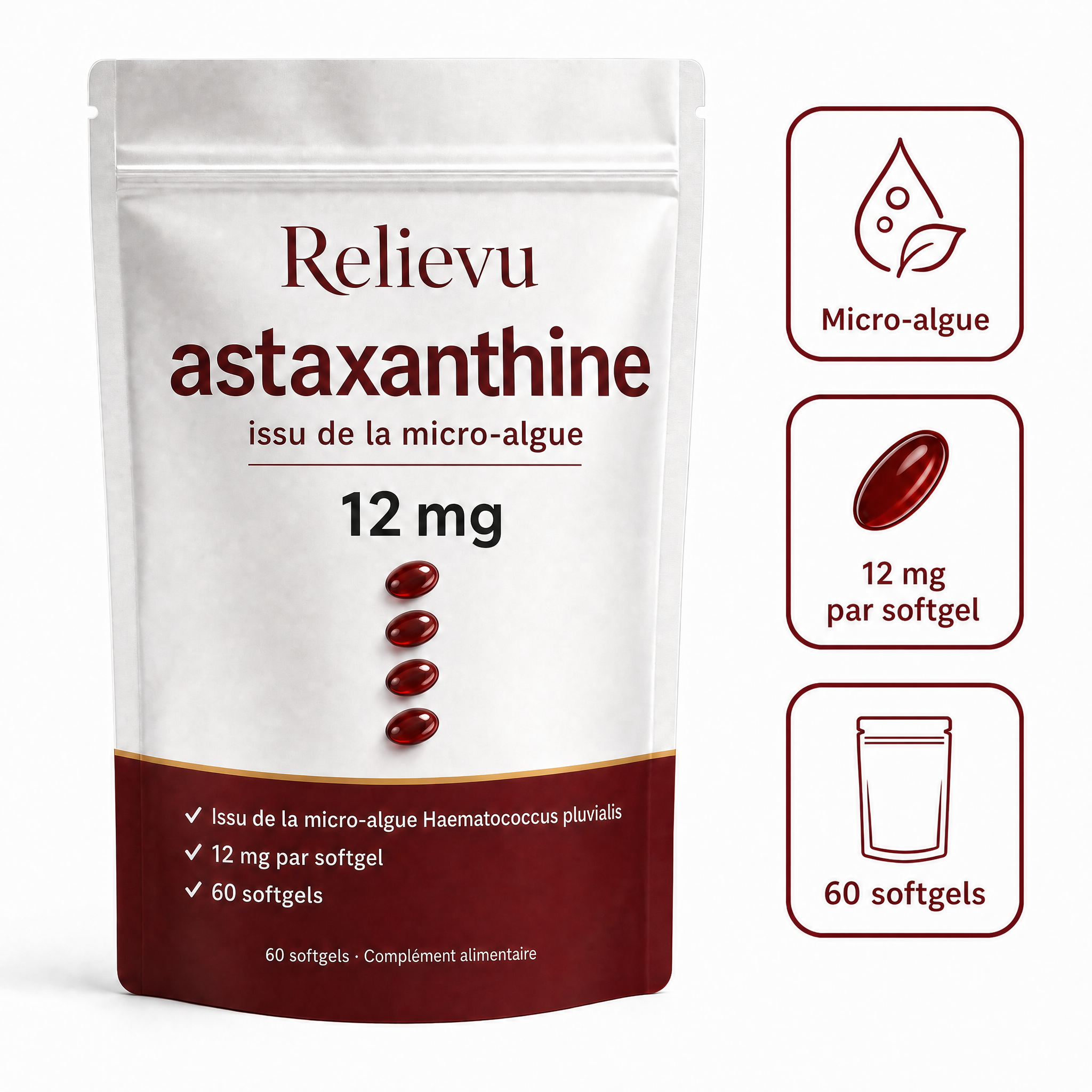 Astaxanthine Relievu 12 mg - issu de la micro-algue Haematococcus pluvialis, 60 softgels