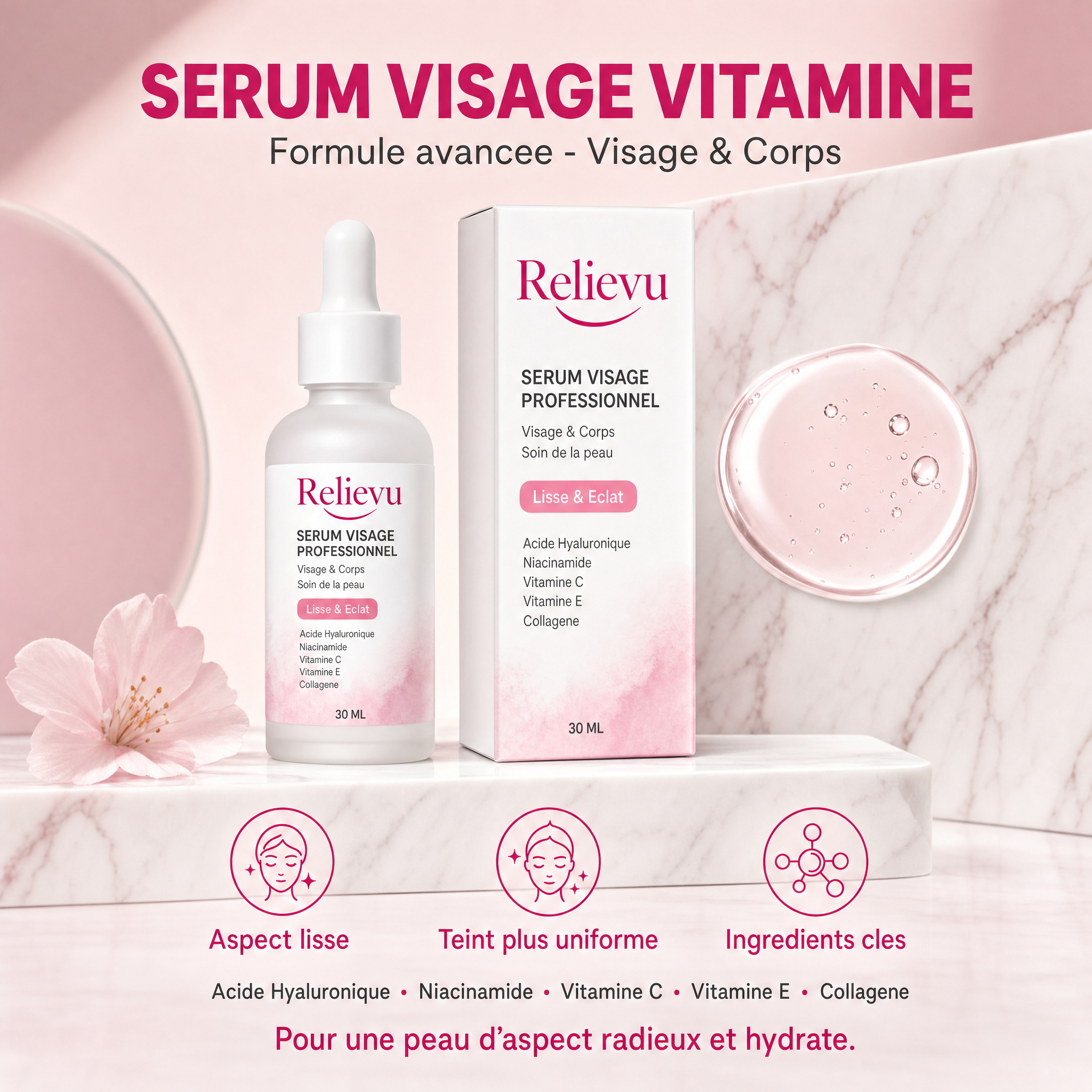 Sérum vitaminé visage Relievu, flacon et coffret 30 ml, visage et corps