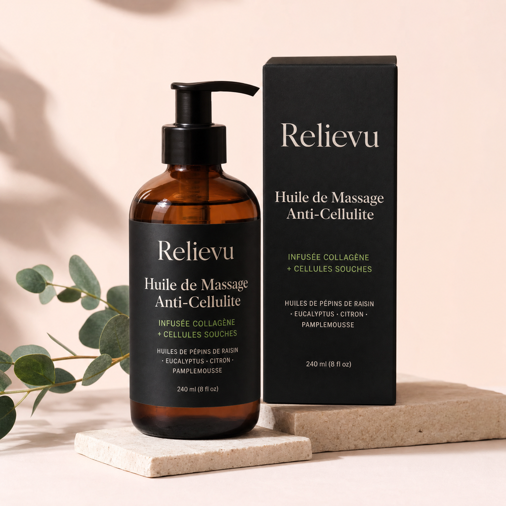 Huile de Massage Anti-Cellulite Relievu, flacon pompe et coffret, 240 ml