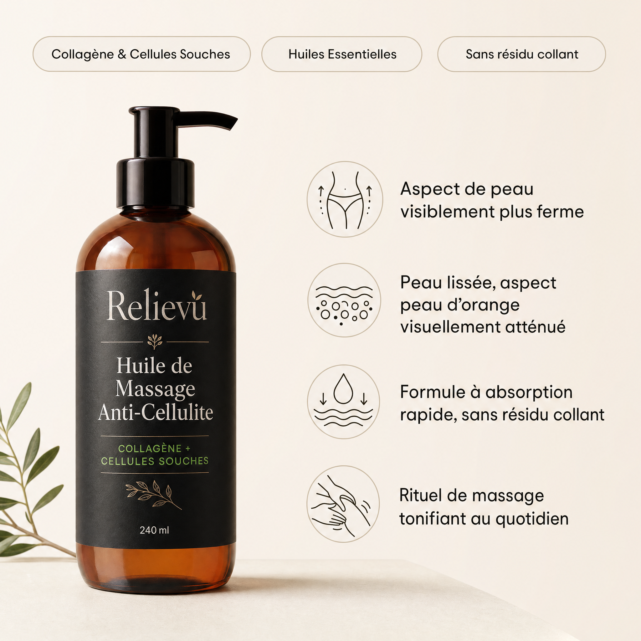 Bénéfices : aspect de peau plus ferme, peau lissée, absorption rapide, rituel de massage