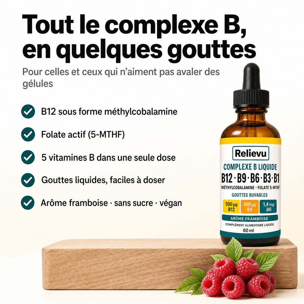 Tout le complexe B en quelques gouttes : B12 méthylcobalamine, folate actif 5-MTHF, sans gélule à avaler
