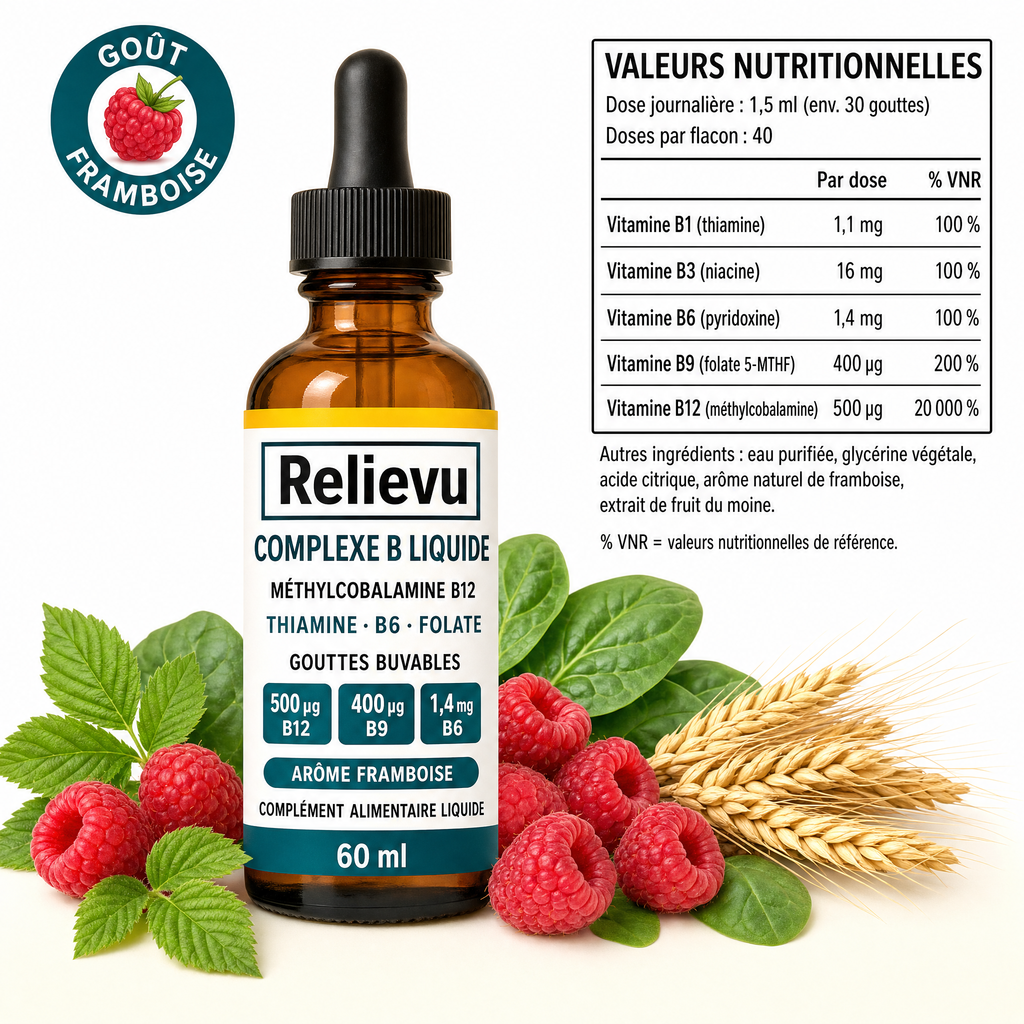 Valeurs nutritionnelles du Complexe B Liquide Relievu par dose de 1,5 ml et liste des ingrédients