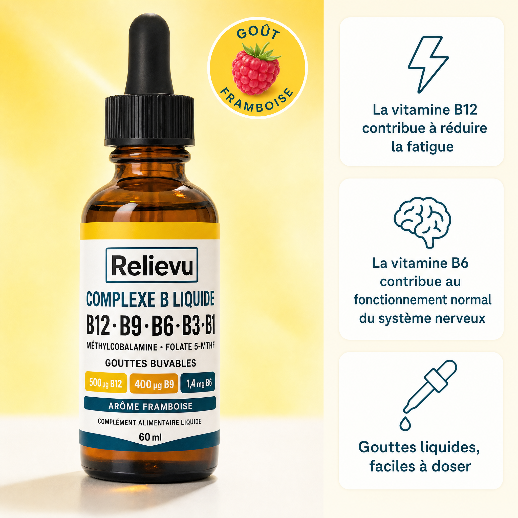 Flacon compte-gouttes Relievu Complexe B Liquide 60 ml, arôme framboise, avec les bénéfices B12 et B6