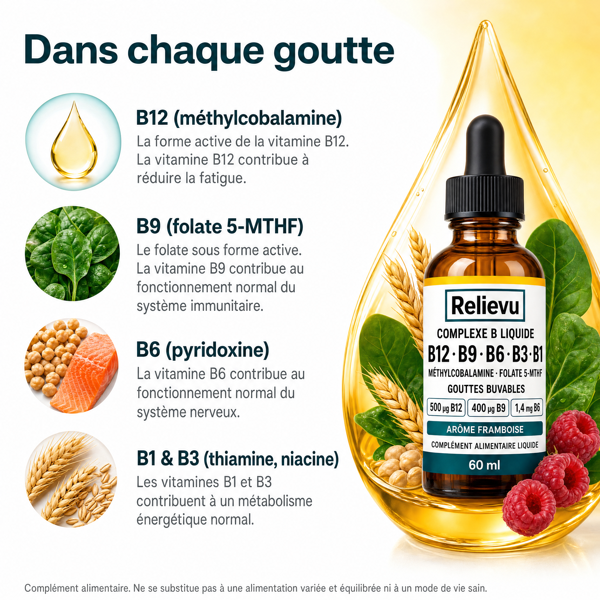 Dans chaque goutte : vitamines B12, B9 folate, B6, B1 et B3 et leurs rôles autorisés