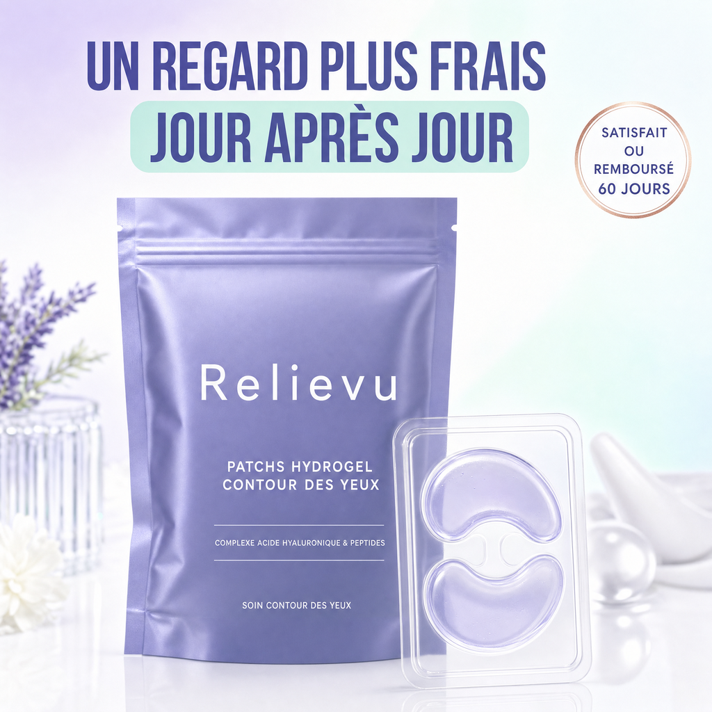 Pochette Relievu de patchs hydrogel contour des yeux avec deux patchs en gel translucide - un regard plus frais jour après jour