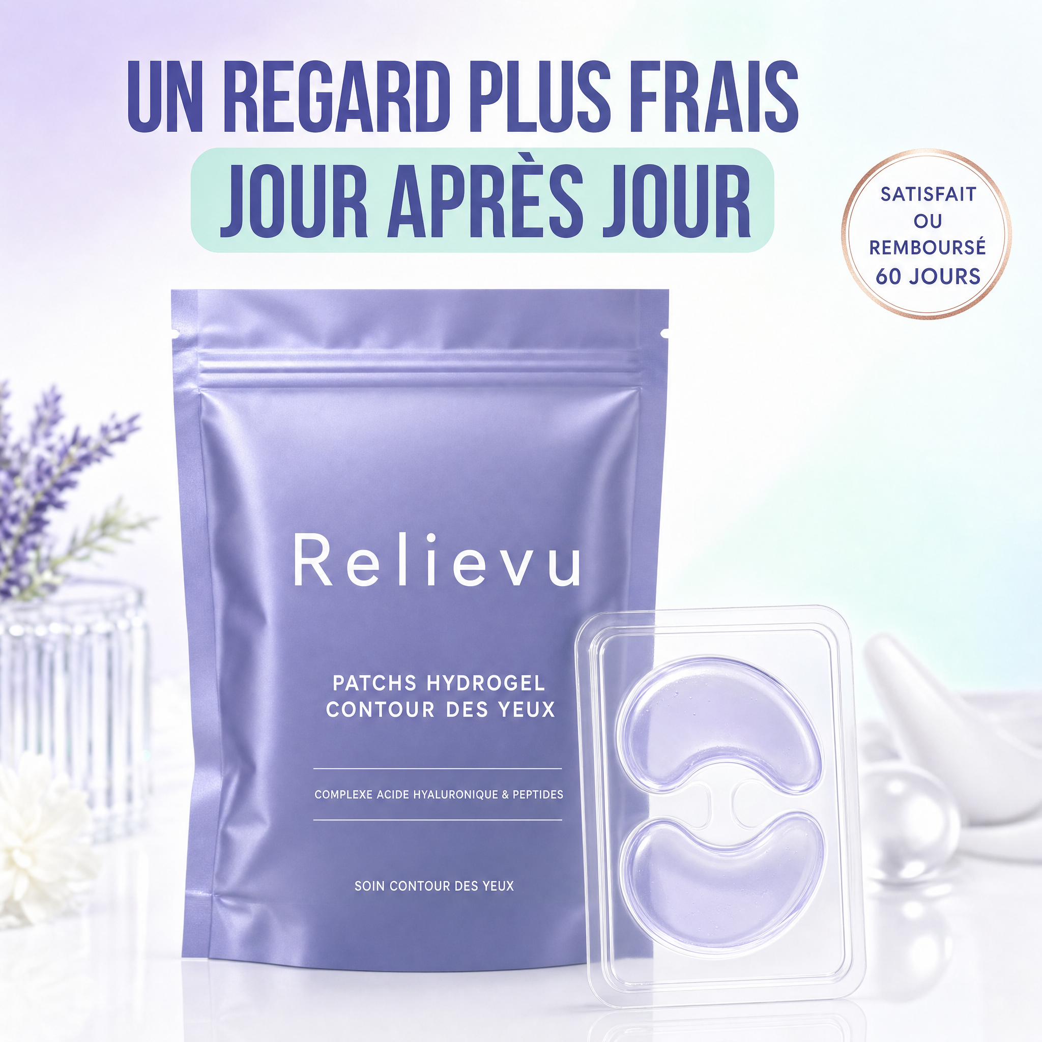 Pochette Relievu de patchs hydrogel contour des yeux avec deux patchs en gel translucide - un regard plus frais jour après jour