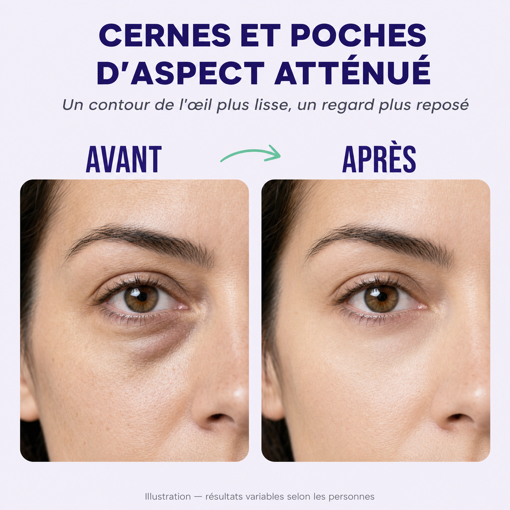 Avant et après : cernes et poches d'aspect atténué, contour de l'œil plus lisse et regard plus reposé