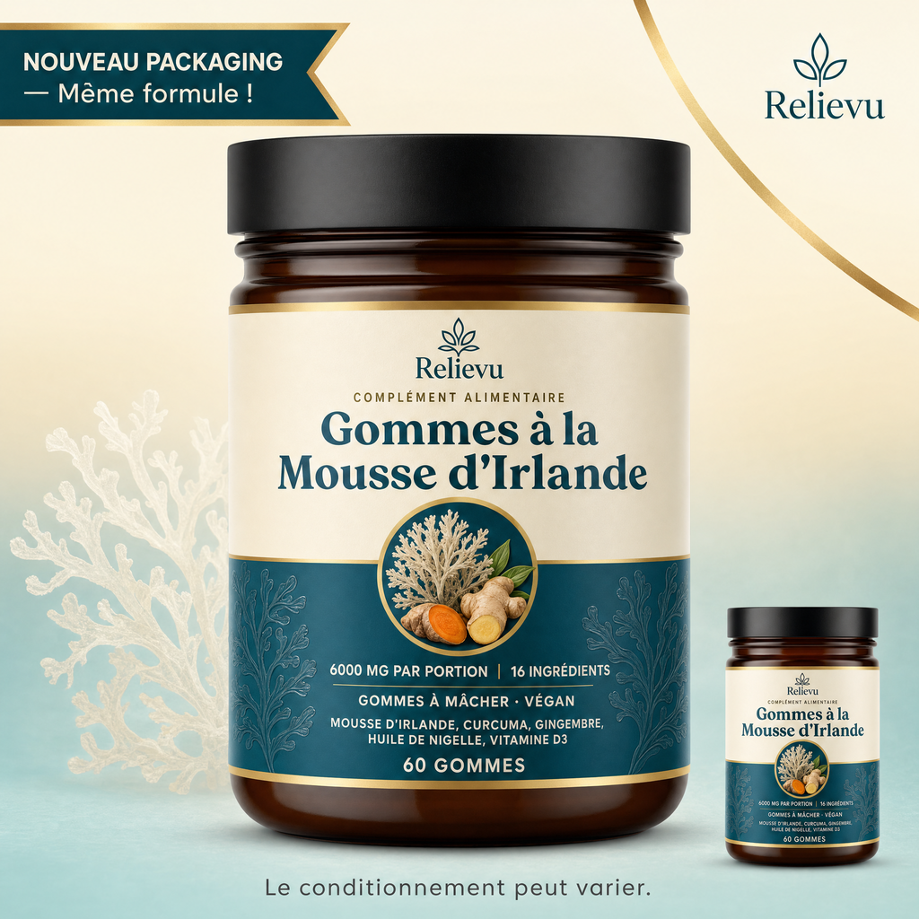 Pot de Gommes à la Mousse d'Irlande Relievu, 60 gommes à mâcher véganes, 6000 mg par portion