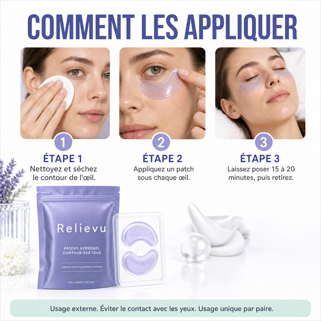 Comment appliquer les patchs en trois étapes : nettoyer, appliquer sous chaque œil, laisser poser 15 à 20 minutes