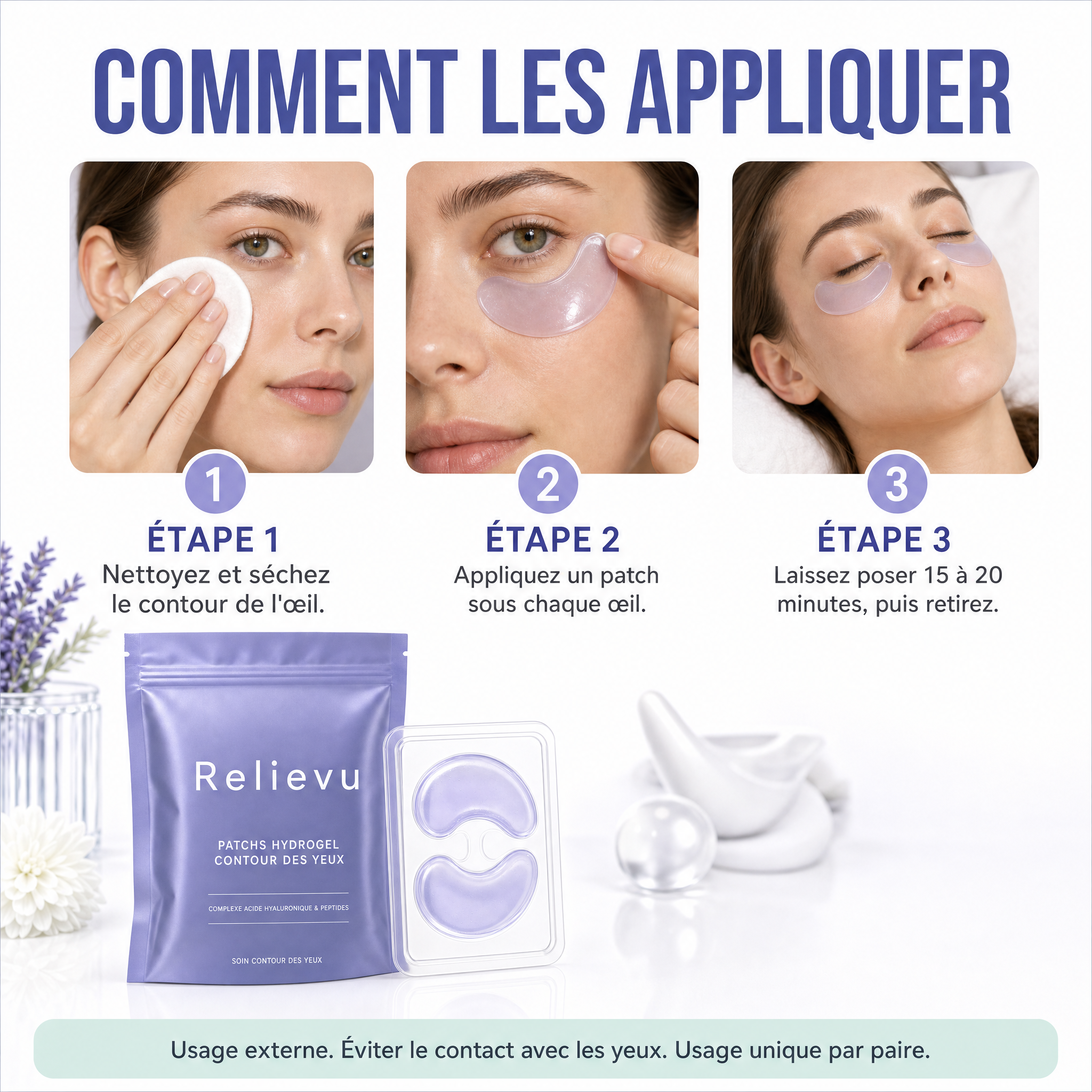 Comment appliquer les patchs en trois étapes : nettoyer, appliquer sous chaque œil, laisser poser 15 à 20 minutes