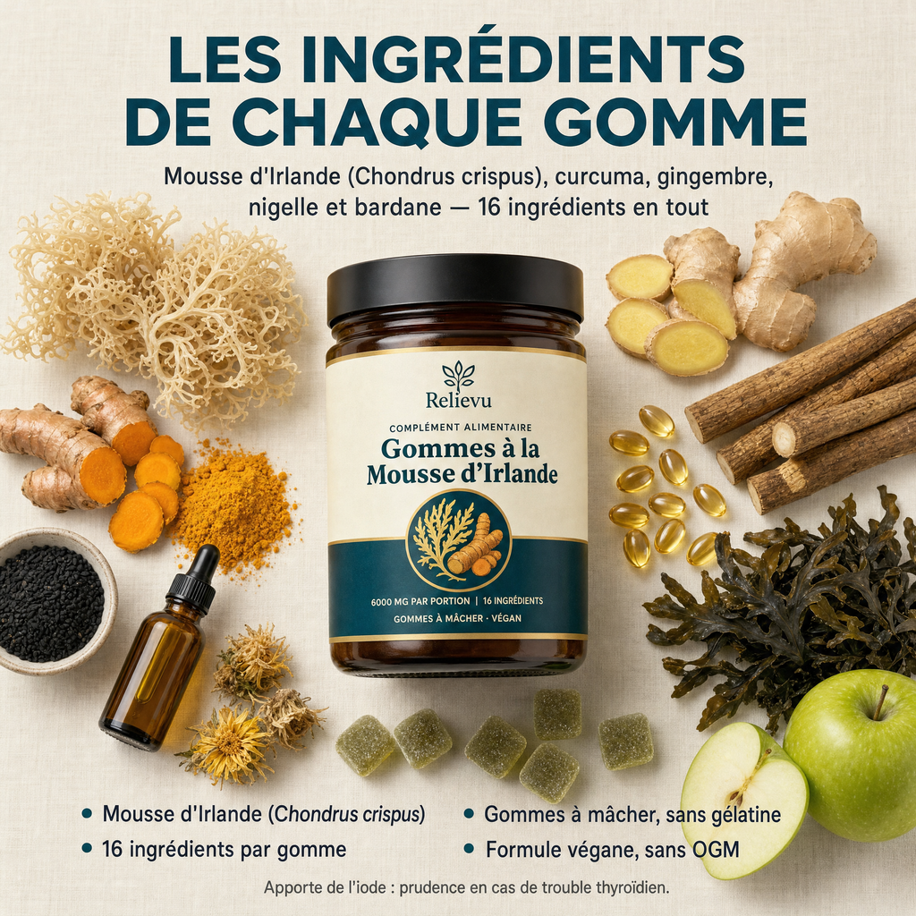 Ingrédients bruts disposés autour du pot : mousse d'Irlande séchée, curcuma, gingembre, nigelle, bardane et pomme verte