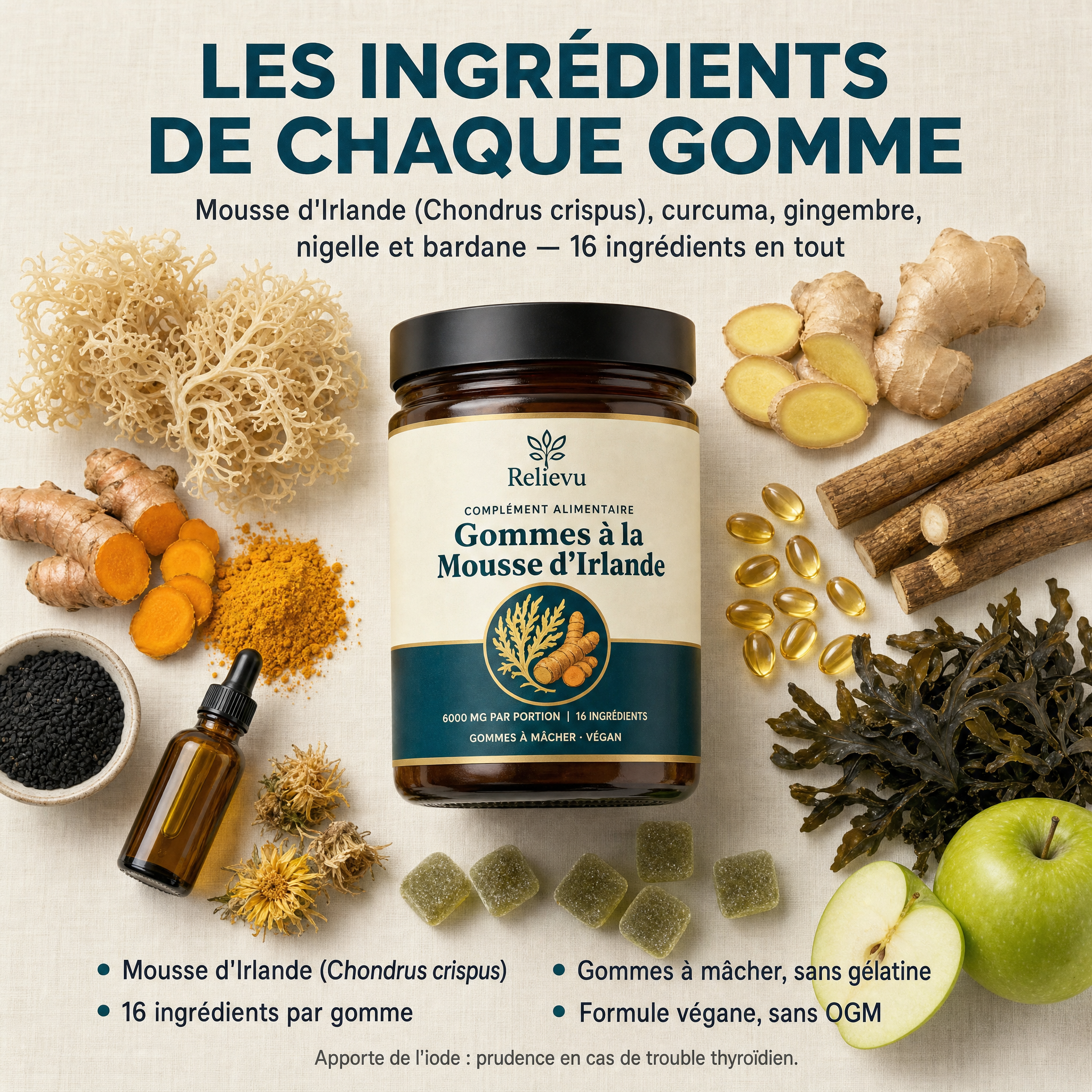 Ingrédients bruts disposés autour du pot : mousse d'Irlande séchée, curcuma, gingembre, nigelle, bardane et pomme verte
