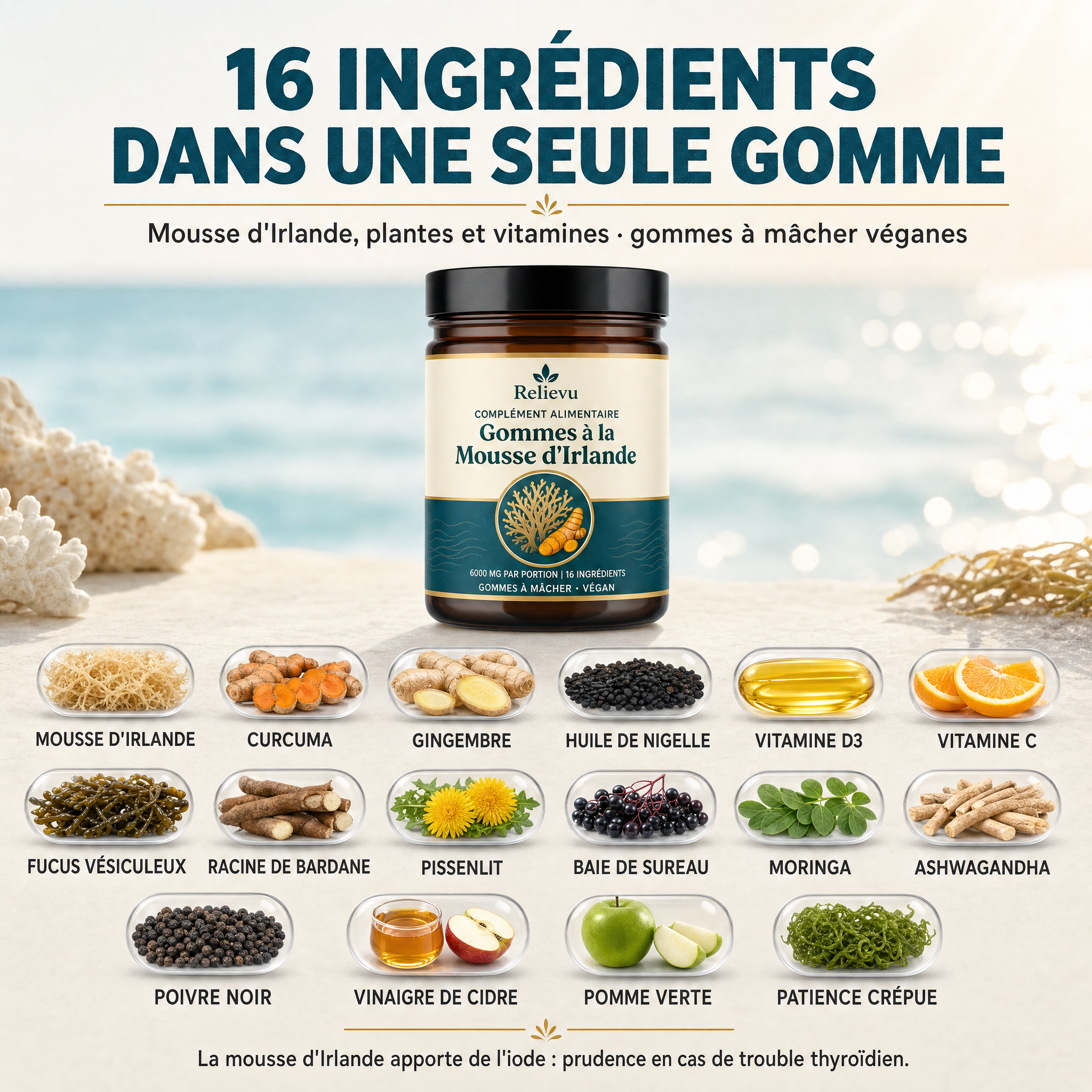 Les 16 ingrédients de chaque gomme : mousse d'Irlande, curcuma, gingembre, nigelle, fucus vésiculeux, vitamines C et D3
