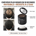 Poudre densifiante cheveux Relievu : boîtier noir ouvert avec miroir intégré, poudre minérale et applicateur mousse, et comparaison visuelle du sommet du crâne avant et après application