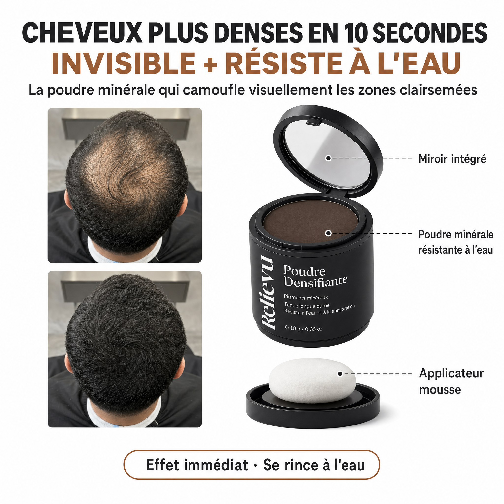 Poudre densifiante cheveux Relievu : boîtier noir ouvert avec miroir intégré, poudre minérale et applicateur mousse, et comparaison visuelle du sommet du crâne avant et après application