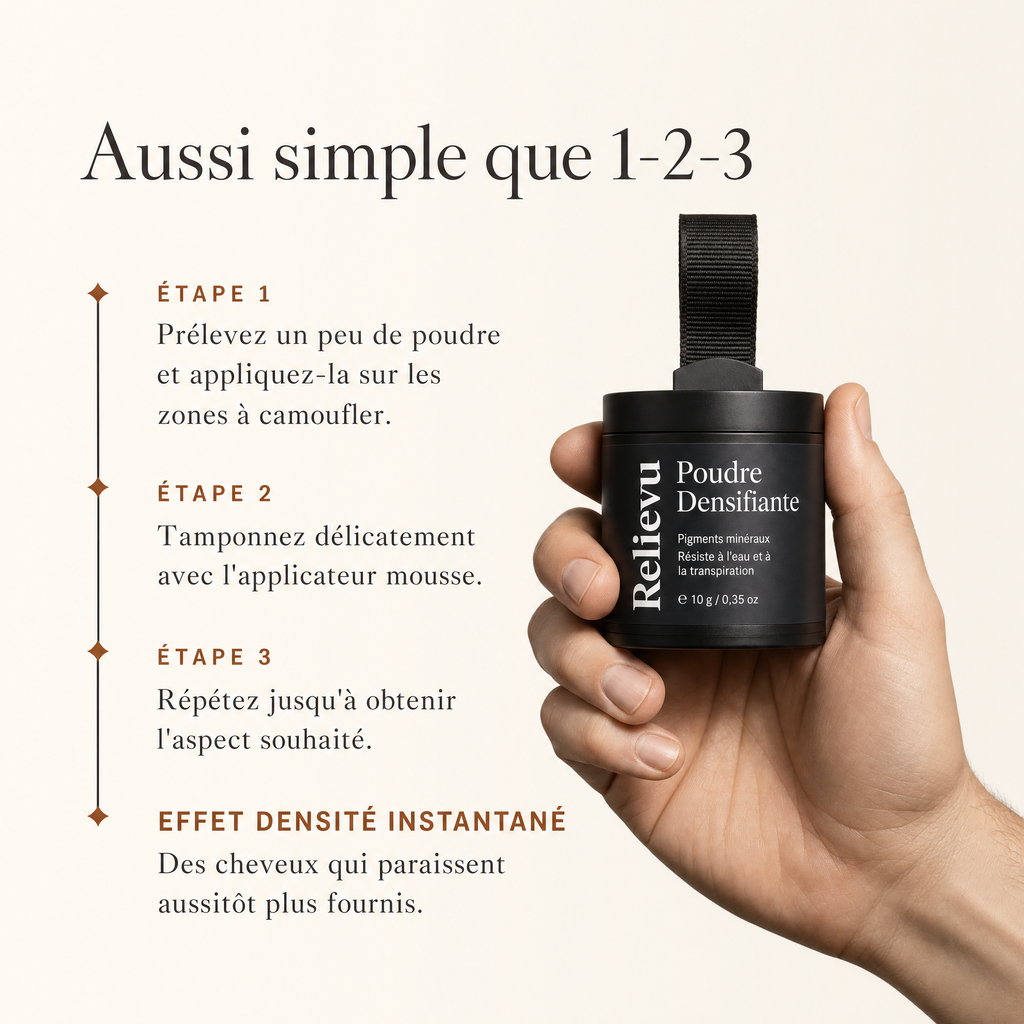 Application en trois étapes de la poudre densifiante Relievu tenue à la main : prélever, tamponner avec l'applicateur mousse, répéter jusqu'à l'aspect souhaité