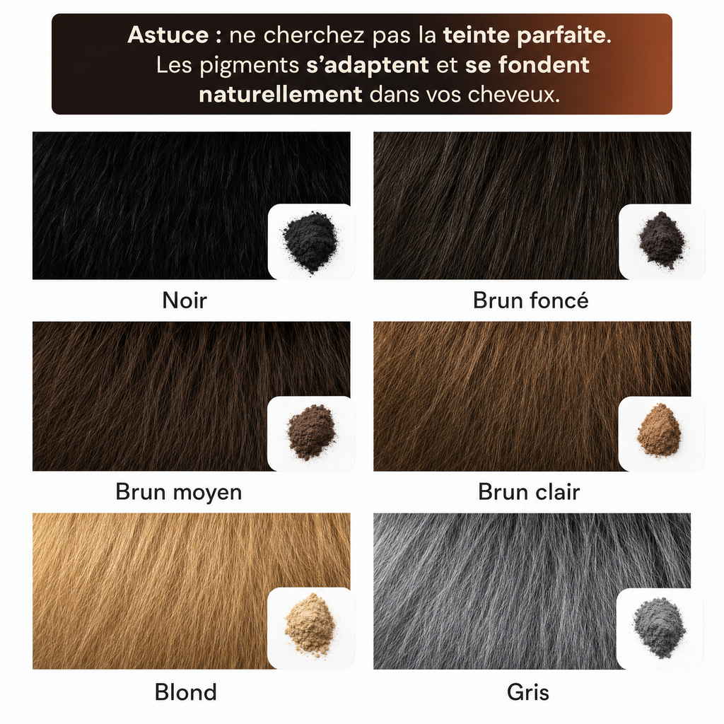 Les six teintes de la poudre densifiante Relievu sur cheveux : noir, brun foncé, brun moyen, brun clair, blond et gris, avec la poudre correspondante