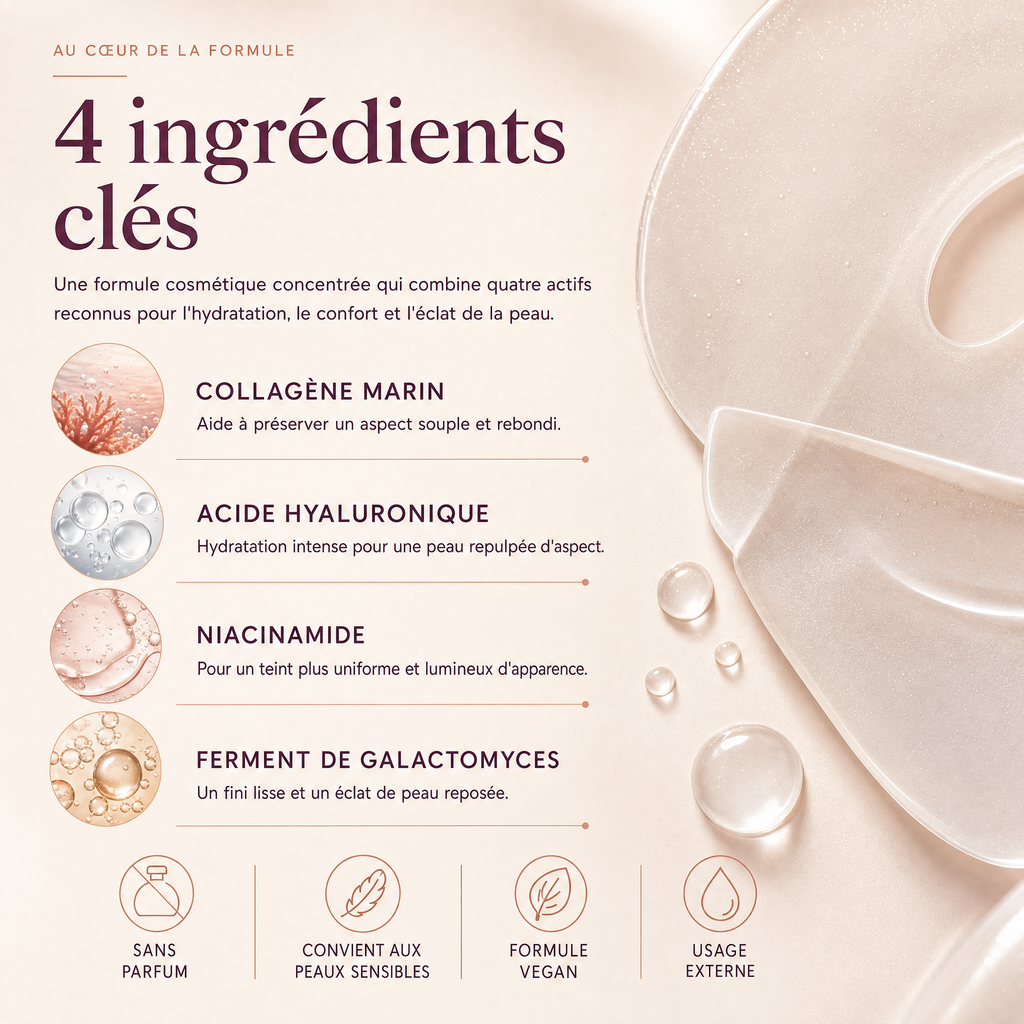 Les 4 ingrédients clés du masque : collagène marin, acide hyaluronique, niacinamide et ferment de Galactomyces
