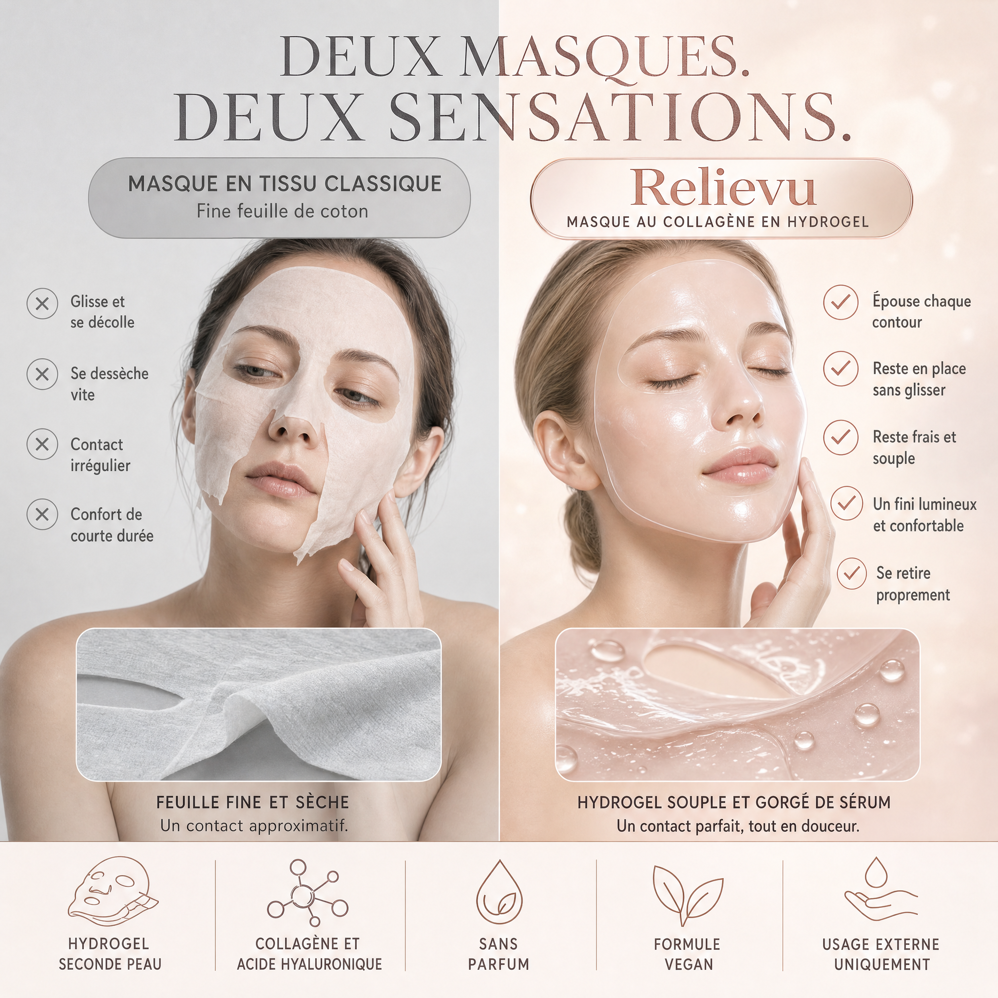 Comparaison : masque en tissu classique face au masque au collagène en hydrogel Relievu, effet seconde peau