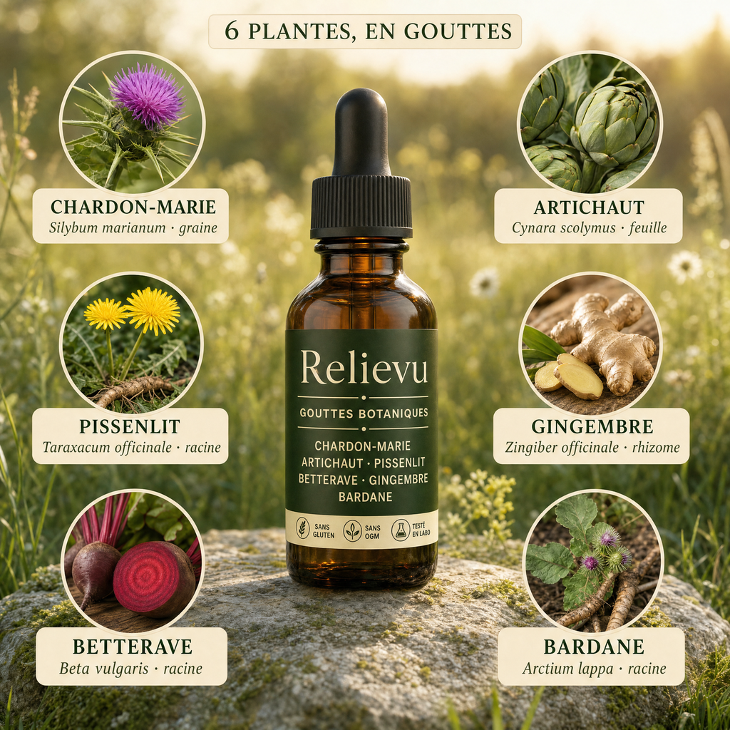 Les six plantes des Gouttes Botaniques Relievu : chardon-Marie, artichaut, pissenlit, betterave, gingembre et bardane