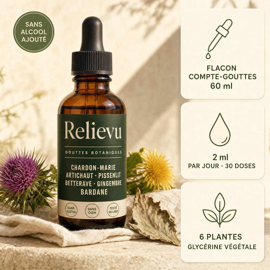 Flacon compte-gouttes Relievu Gouttes Botaniques 60 ml sur du lin crème, avec chardon-Marie et pissenlit