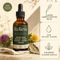 Flacon compte-gouttes Relievu Gouttes Botaniques 60 ml sur du lin crème, avec chardon-Marie et pissenlit