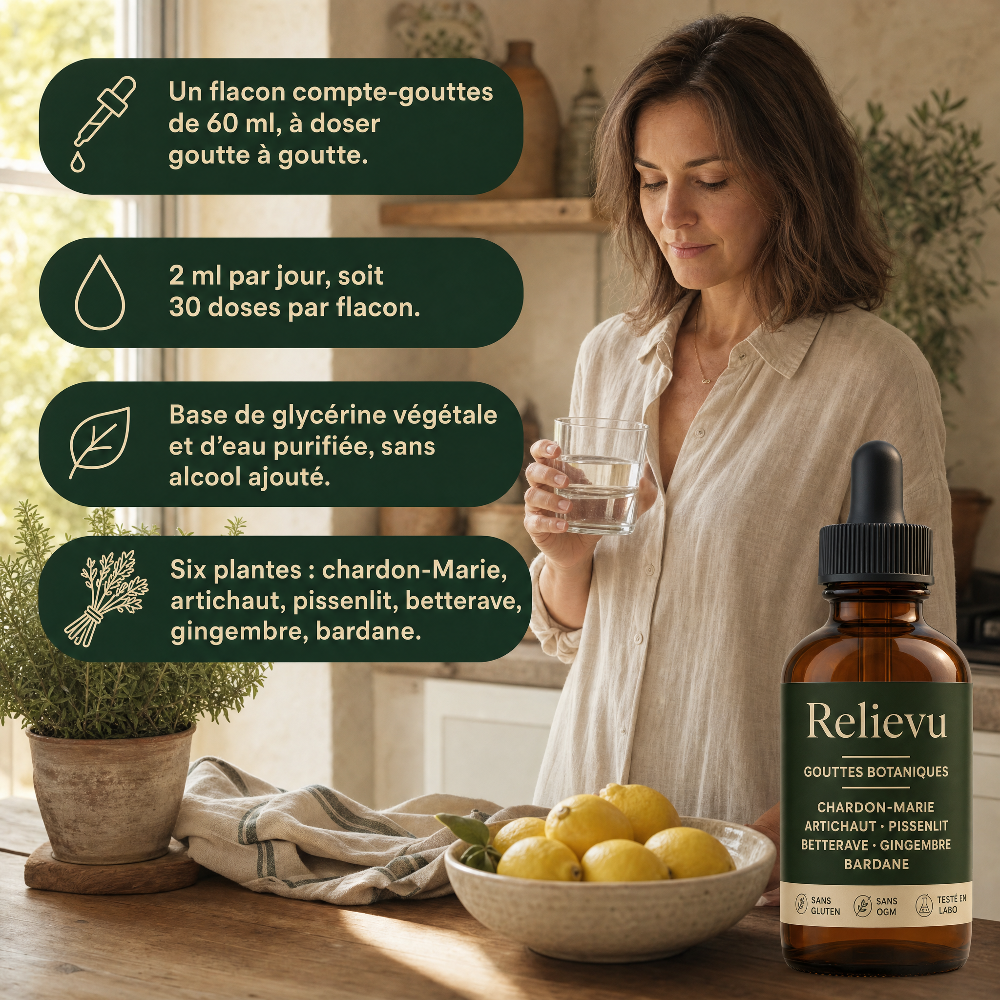 Gouttes Botaniques Relievu en cuisine : flacon de 60 ml, 2 ml par jour, base de glycérine végétale sans alcool ajouté