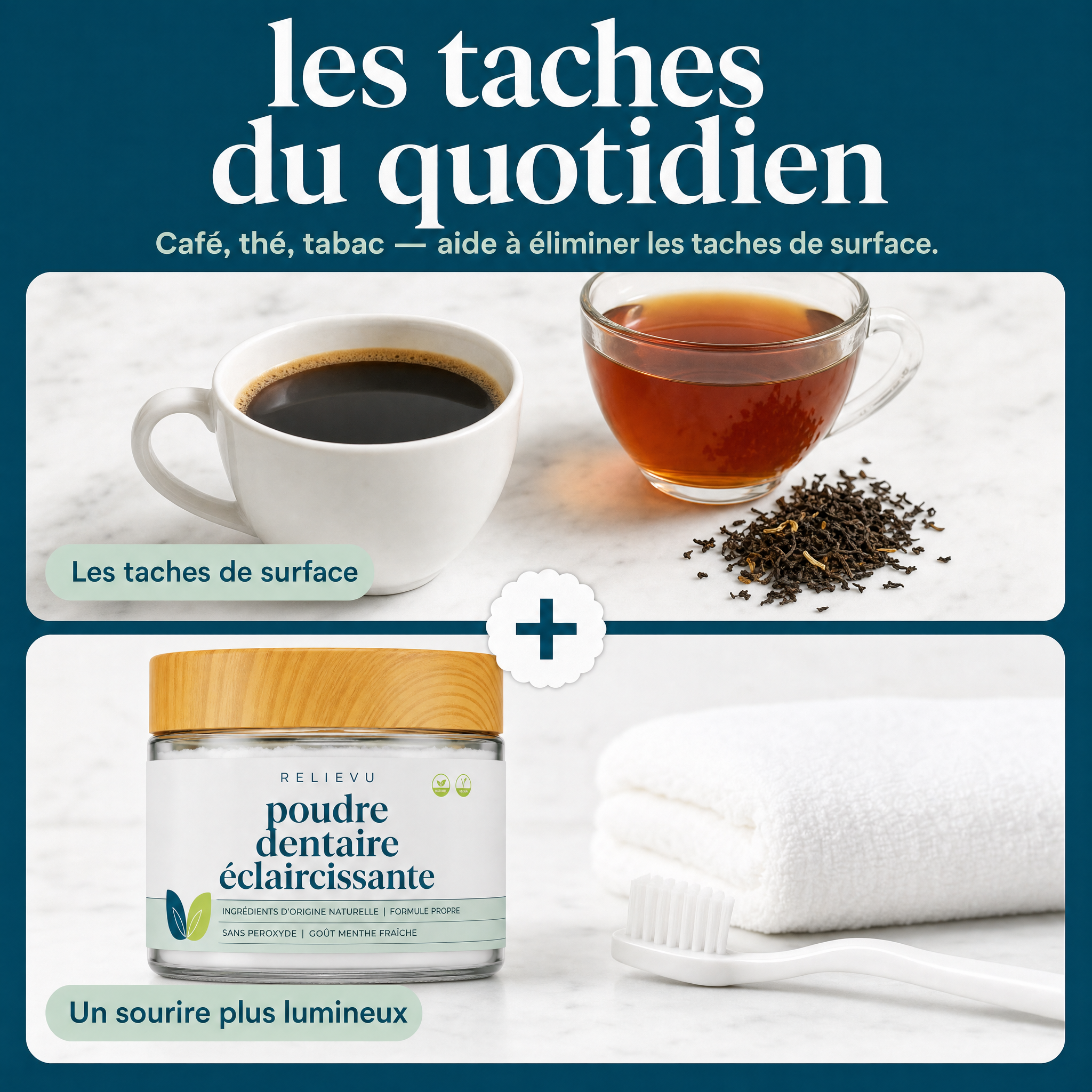 Les taches du quotidien : café, thé et tabac. La poudre dentaire Relievu aide à éliminer les taches de surface