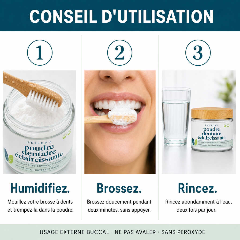 Conseil d'utilisation en trois étapes : humidifiez la brosse, brossez doucement deux minutes, rincez abondamment
