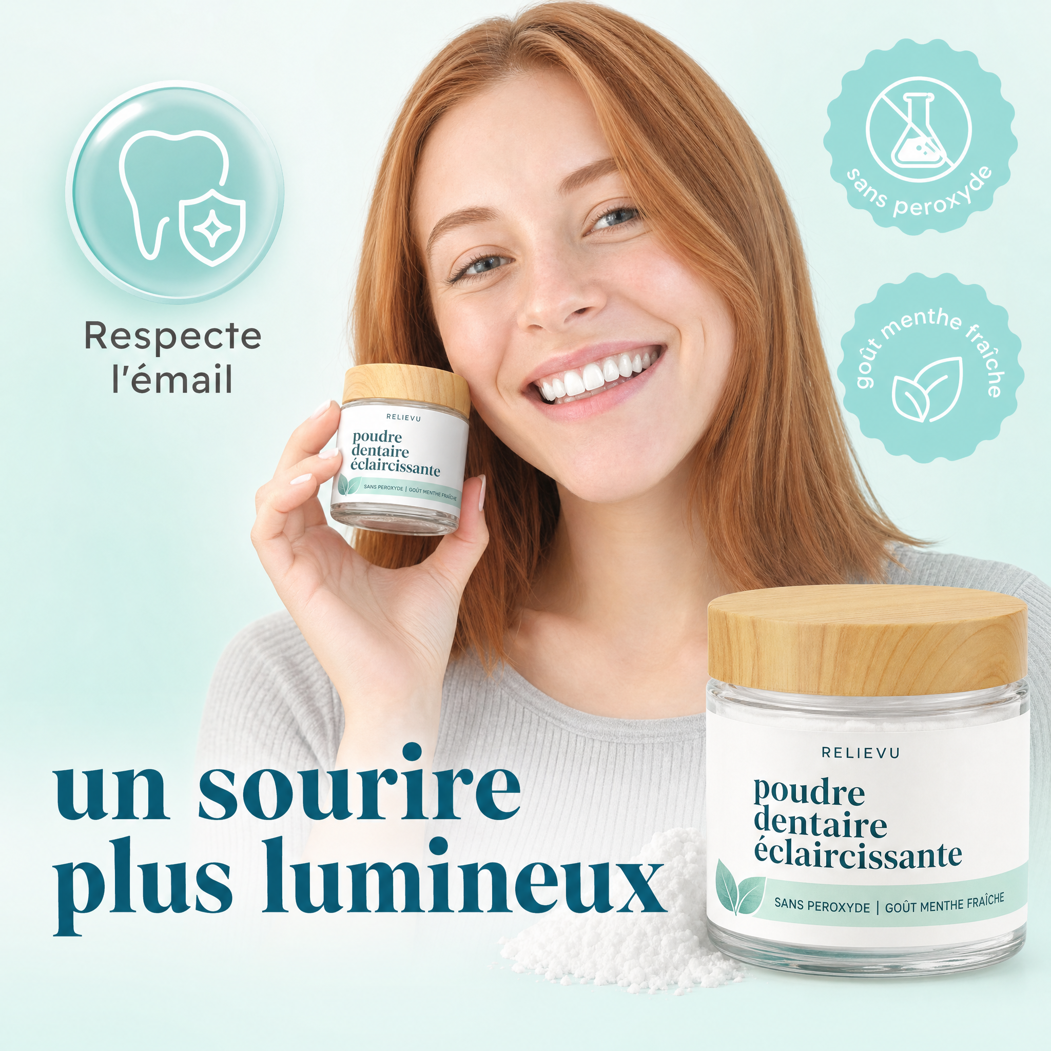 Un sourire plus lumineux : poudre dentaire Relievu qui respecte l'émail, sans peroxyde, goût menthe fraîche