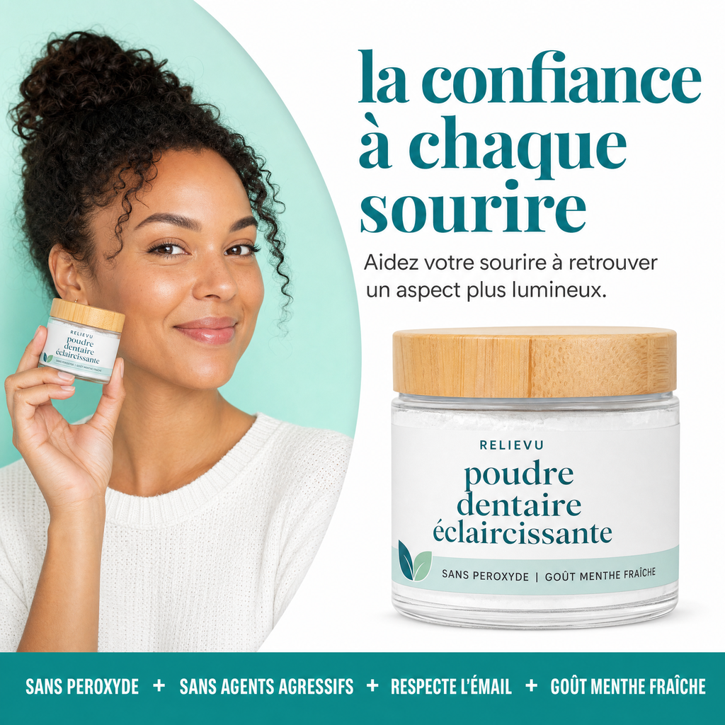 La confiance à chaque sourire : femme tenant le pot de poudre dentaire Relievu, sans peroxyde, respecte l'émail